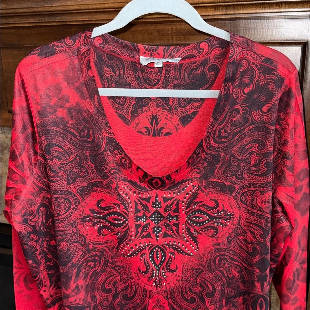 Long sleeve red black embellished gothic witchy edgy tunic shark bite hem Y2K XL